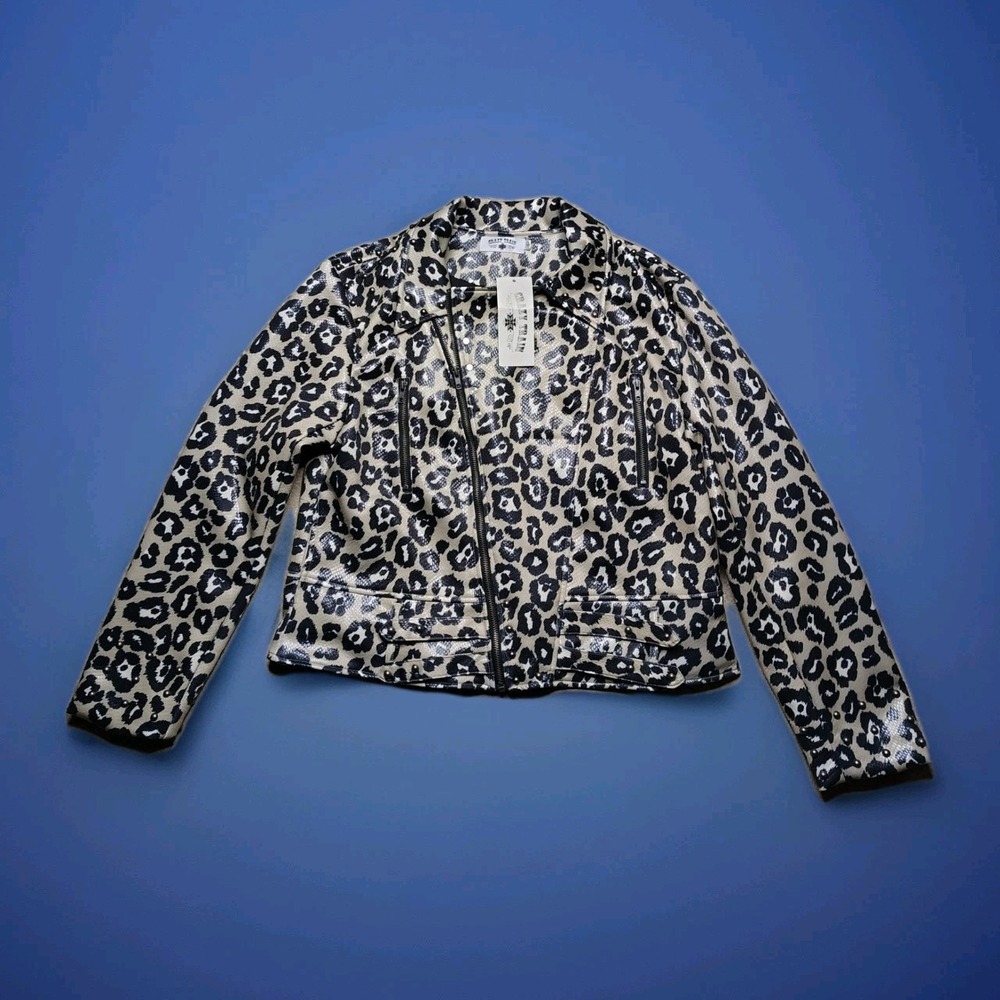 Crazy Train Size L Beige & Black Leopard Print Faux Leather Studded Moto Jacket
